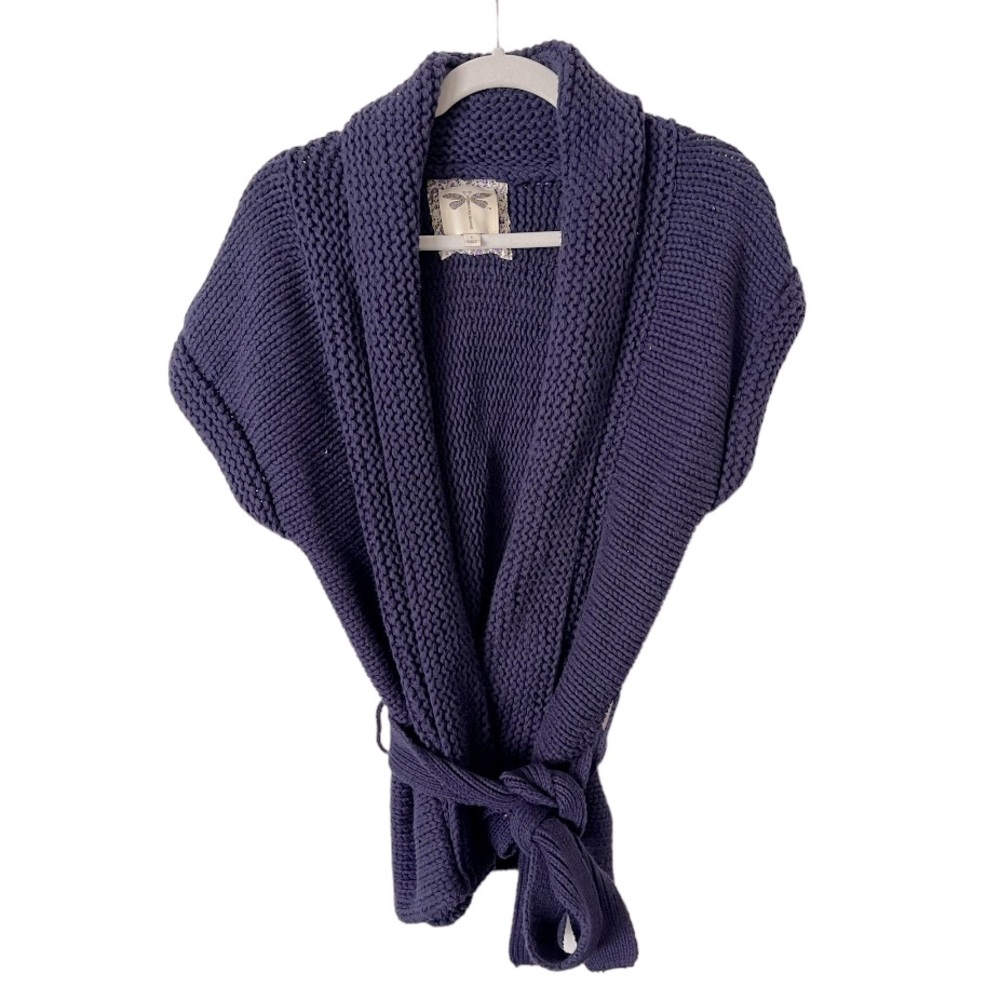 Anthropologie Chunky Knit Short Sleeve Wrap Cardigan in Navy L‎